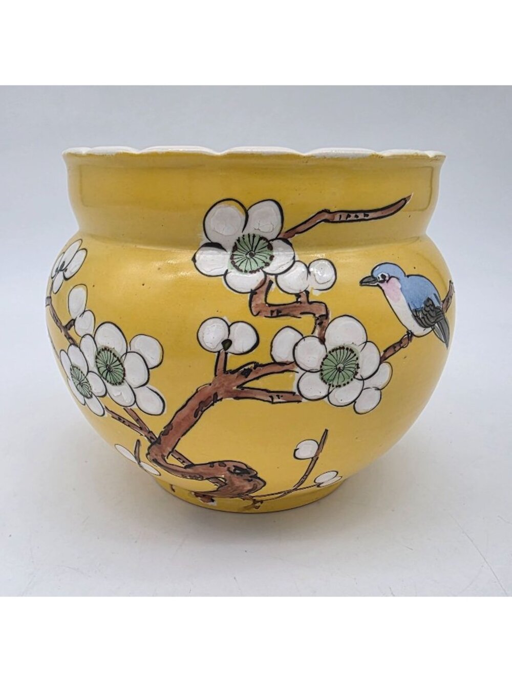 Nippon Yellow Ceramic Vase Bowl Bird & Floral Scalloped Rim Design 4"H Vintage